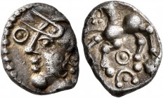 CELTIC, Central Gaul. Aedui. Circa 80-50 BC. Quinarius (Silver, 14 mm, 1.89 g, 1 h), 'à la tête casquée - au torque' type. Helmeted head of Roma to le...