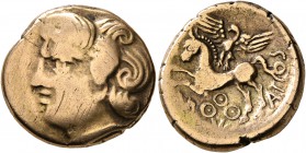 CELTIC, Central Gaul. Bituriges Cubi. Circa 80-50 BC. Stater (Electrum, 19 mm, 6.69 g, 9 h), Abucatos. Celticized male head to left with thick and pro...
