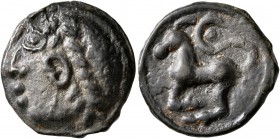 CELTIC, Central Gaul. Sequani. Circa 100-50 BC. Cast unit (Potin, 19 mm, 4.24 g, 5 h), 'à la grosse tête' type. Celticized male head to left, wearing ...