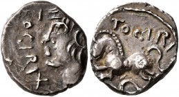 CELTIC, Central Gaul. Sequani. Mid 1st century BC. Quinarius (Silver, 14 mm, 1.92 g, 7 h), Togirix. TOGIRIX Celticized head of Roma to left. Rev. TOGI...