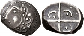 CELTIC, Southern Gaul. Longostaletes. 2nd century BC. Drachm (Silver, 16 mm, 3.51 g), 'à la croix' type. Celticized male head to left; the hair devolv...