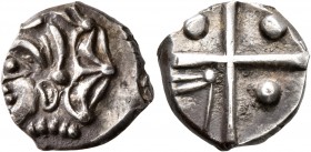 CELTIC, Southern Gaul. Longostaletes. 2nd century BC. Drachm (Silver, 16 mm, 3.53 g), 'à la croix' type. Male head with elaborate hair to left. Rev. L...