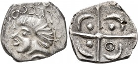 CELTIC, Southern Gaul. Volcae-Arecomici. Late 2nd to early 1st century BC. Drachm (Silver, 15 mm, 2.09 g), 'à la croix' type. Celticized male head to ...