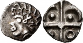 CELTIC, Southern Gaul. Volcae-Arecomici. Late 2nd to early 1st century BC. Drachm (Silver, 15 mm, 2.46 g), 'à la croix' type. Celticized male head wit...