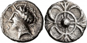 CELTIC, Southern Gaul. Uncertain tribe. Circa 2nd century BC. Drachm (Silver, 18 mm, 4.19 g), imitating Rhode. Celticized head of Persephone to left, ...