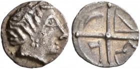 CELTIC, Southern Gaul. Uncertain tribe. Circa 2nd century BC. Obol (Silver, 9 mm, 0.47 g), imitating Massalia. Male head to right. Rev. Wheel of four ...
