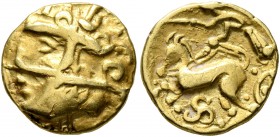 CELTIC, Central Europe. Helvetii. 2nd century BC. Quarter Stater (Gold, 12 mm, 2.01 g, 9 h). Celticized laureate head of Apollo to left, overlaid by a...