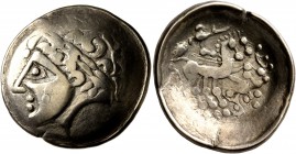 CELTIC, Central Europe. Helvetii. Late 2nd to early first century BC. Scyphate Stater (Electrum, 23 mm, 6.90 g, 4 h). Celticized head of Apollo with c...