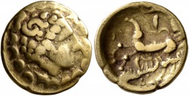 CELTIC, Central Europe. Helvetii. Late 2nd to early first century BC. Quarter Stater (Gold, 13 mm, 1.81 g, 3 h), 'au croissant' type. Celticized laure...
