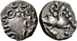 CELTIC, Central Europe. Vindelici. 1st century BC. Quinarius (Silver, 13 mm, 1.79 g, 1 h), 'Brillengesicht' type. Celticized head with curly hair and ...