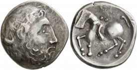 CELTIC, Lower Danube. Uncertain tribe. Circa 2nd century BC. Tetradrachm (Silver, 22 mm, 8.91 g, 7 h), imitating Philip II of Macedon. Laureate head o...