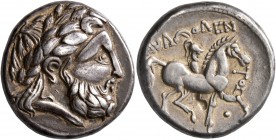 CELTIC, Lower Danube. Uncertain tribe. Circa 2nd century BC. Tetradrachm (Silver, 23 mm, 13.58 g, 3 h), imitating Audoleon of Paeonia. Laureate head o...