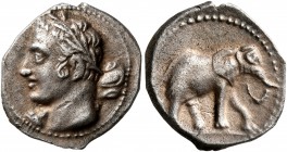SPAIN. Punic Spain. Circa 237-209 BC. 1/4 Shekel (Silver, 14 mm, 1.69 g, 12 h), Qart Hadasht (?). Laureate head of Melkart-Herakles to left, holding c...