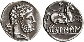 SPAIN. Bolskan. Circa 150-100 BC. Denarius (Silver, 17 mm, 3.86 g, 3 h). Bearded bare male head to right; behind, 'bon' in Iberian. Rev. Warrior on ho...