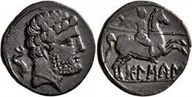 SPAIN. Bolskan. Circa 150-100 BC. Unit (Bronze, 23 mm, 7.66 g, 1 h). Bearded bare male head to right; behind, dolphin. Rev. Warrior on horseback right...