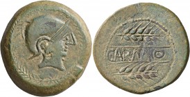 SPAIN. Carmo. Circa 200-150 BC. As (Bronze, 35 mm, 29.43 g, 9 h). Male head wearing crested helmet to right within laurel wreath. Rev. CARMO between t...