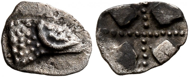 SPAIN. Emporion. Circa 470-460 BC. Tetartemorion (Silver, 8 mm, 0.29 g). Head of...