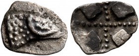 SPAIN. Emporion. Circa 470-460 BC. Tetartemorion (Silver, 8 mm, 0.29 g). Head of a ram to right. Rev. Incuse square quartered by pelleted lines; in ea...