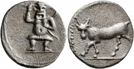 ISLANDS OFF SPAIN, Ebusus. 2nd century BC. Hemidrachm (Silver, 16 mm, 2.33 g, 1 h). Bes standing facing, holding mace in his right hand and serpent in...