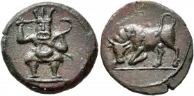 ISLANDS OFF SPAIN, Ebusus. 2nd century BC. Quarter Unit (Bronze, 17 mm, 3.57 g, 10 h). Bes standing facing, holding mace in his right hand and serpent...