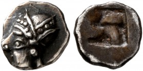 GAUL. Massalia. Circa 500-475 BC. Hemiobol (Silver, 8 mm, 0.43 g), Milesian standard. Head of a nymph to left, wearing sakkos adorned with a central b...