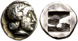 GAUL. Massalia. Circa 500-475 BC. Hemiobol (Silver, 8 mm, 0.66 g), Milesian standard. Bearded male head to right, wearing taenia. Rev. Rough incuse sq...