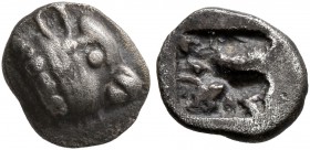 GAUL. Massalia. Circa 500-475 BC. Hemiobol (Silver, 8 mm, 0.55 g), Milesian standard. Head of a calf to right. Rev. Rough incuse square. Auriol Group ...