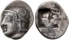 GAUL. Massalia. Circa 475-460 BC. Obol (Silver, 10 mm, 0.84 g), Phokaic standard. Head of Athena to left, wearing Attic helmet adorned with a volute o...