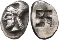 GAUL. Massalia. Circa 475-460 BC. Obol (Silver, 10 mm, 0.81 g), Phokaic standard. Head of Athena to left, wearing Ionian helmet. Rev. Rough incuse squ...
