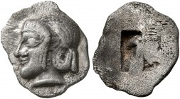 GAUL. Massalia. Circa 475-460 BC. Obol (Silver, 11 mm, 0.85 g), Phokaic standard. Archaic head of Apollo to left, wearing taenia. Rev. Rough incuse sq...