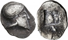 GAUL. Massalia. Circa 475-460 BC. Obol (Silver, 11 mm, 0.80 g), Phokaic standard. Ionian helmet to right. Rev. Rough incuse square. LT - Maurel 112. R...
