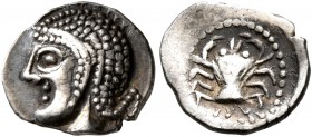 GAUL. Massalia. Circa 460-450 BC. Obol (Silver, 10 mm, 0.74 g, 6 h). Archaic head of Apollo to left. Rev. Crab; below, M. LT 511. Maurel 214. A very s...