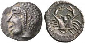 GAUL. Massalia. Circa 460-450 BC. Obol (Silver, 9 mm, 0.62 g, 4 h). Archaic head of Apollo to left. Rev. Crab; below, M. LT 511. Maurel 215. A darkly ...