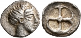 GAUL. Massalia. Circa 450-410 BC. Obol (Silver, 10 mm, 0.86 g). [ΛAKYΔΩN] Horned head of the river-god Lakydon to right. Rev. Wheel of four spokes. LT...