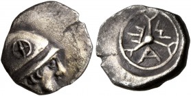 GAUL. Massalia. Circa 450-410 BC. Obol (Silver, 10 mm, 0.82 g). Male head with long hair to right, wearing helmet adorned with wheel of four spokes on...