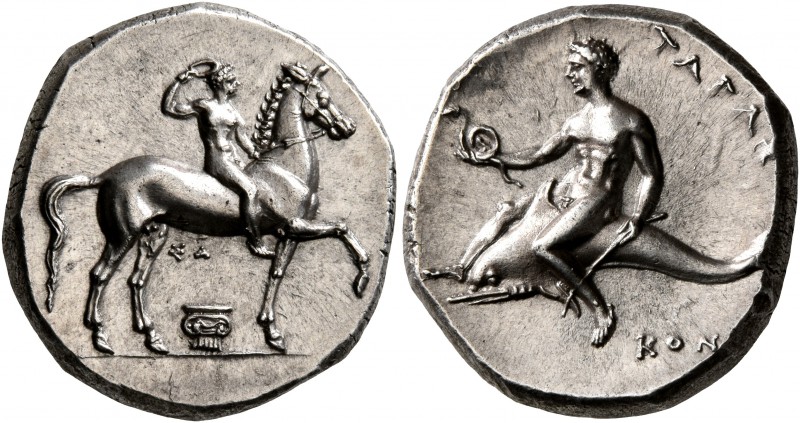 CALABRIA. Tarentum. Circa 302 BC. Didrachm or Nomos (Silver, 21 mm, 7.83 g, 11 h...