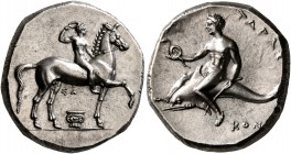 CALABRIA. Tarentum. Circa 302 BC. Didrachm or Nomos (Silver, 21 mm, 7.83 g, 11 h), Sa... and Kon..., magistrates. ΣA Nude youth riding horse walking t...