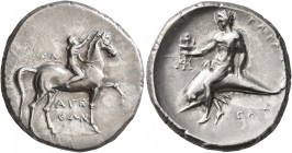 CALABRIA. Tarentum. Circa 302-280 BC. Didrachm or Nomos (Silver, 23 mm, 7.85 g, 7 h), Sa..., Arethon and Cas..., magistrates. ΣA - APE/ΘΩN Nude youth ...