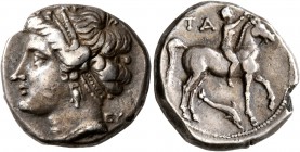 CALABRIA. Tarentum. Campano-Tarentine series, circa 281-228 BC. Didrachm or Nomos (Silver, 19 mm, 6.79 g, 11 h), Ey..., magistrate. Diademed head of a...