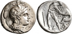 LUCANIA. Herakleia. Circa 390-340 BC. Didrachm or Nomos (Silver, 23 mm, 7.74 g, 7 h). Head of Athena to right, wearing Corinthian helmet adorned with ...