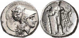 LUCANIA. Herakleia. Circa 281-278 BC. Didrachm or Nomos (Silver, 21 mm, 7.94 g, 1 h). HPAKΛEIΩN Head of Athena to right, wearing Corinthian helmet ado...