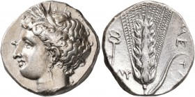 LUCANIA. Metapontion. Circa 340-330 BC. Didrachm or Nomos (Silver, 21 mm, 7.77 g, 2 h). Head of Demeter to left, wearing wreath of barley ears, pendan...