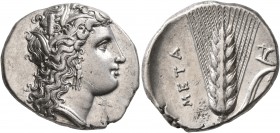 LUCANIA. Metapontion. Circa 330-290 BC. Didrachm or Nomos (Silver, 22 mm, 7.97 g, 1 h). Head of Demeter to right, wearing wreath of barley ears, penda...