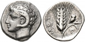 LUCANIA. Metapontion. Circa 325-275 BC. Diobol (Silver, 11 mm, 1.19 g, 4 h). Head of youthful Karneios to left, with a ram's horn over his ear. Rev. M...