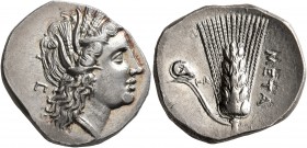 LUCANIA. Metapontion. Circa 290-280 BC. Didrachm or Nomos (Silver, 21 mm, 7.85 g, 11 h). Head of Demeter to right, wearing wreath of barley ears and p...