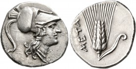 LUCANIA. Metapontion. Punic occupation, circa 215-207 BC. Half Shekel (Silver, 18 mm, 3.29 g, 7 h). Head of Athena to right, wearing crested Corinthia...