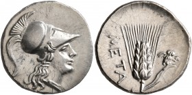LUCANIA. Metapontion. Punic occupation, circa 215-207 BC. Half Shekel (Silver, 19 mm, 3.86 g, 8 h). Head of Athena to right, wearing crested Corinthia...