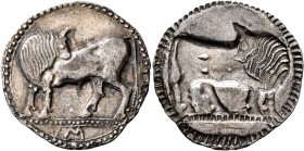 LUCANIA. Sybaris. Circa 550-510 BC. Stater (Silver, 28 mm, 7.03 g, 12 h). VM Bull standing left on dotted ground line, his head turned back to right; ...
