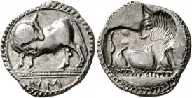 LUCANIA. Sybaris. Circa 550-510 BC. 1/3 Stater or Drachm (Silver, 19 mm, 2.60 g, 1 h). VM Bull standing left on dotted ground line, his head turned ba...
