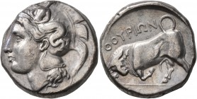 LUCANIA. Thourioi. Circa 400-350 BC. Distater (Silver, 24 mm, 15.69 g, 11 h). Head of Athena to left, wearing helmet adorned, on the bowl, with Skylla...